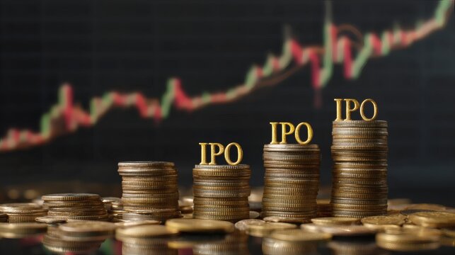 Initial Public Offering with Coin Stacks and Stock Chart Background