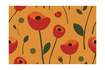 Abstract repeating pattern red poppies green leaves on orange poppy flower