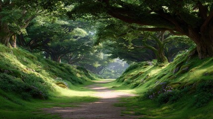 Fototapeta premium Serene Forest Pathway Surrounded by Lush Greenery and Majestic Trees in Natural Light