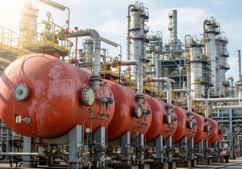 Industrial refinery with large red tanks and tall towers pipes