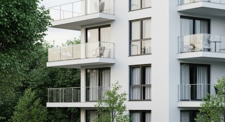 Fototapeta premium Modern white apartment building with glass balconies surrounded by lush green trees