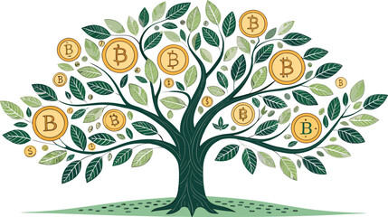 Bitcoin Money Tree Vector Digital Wealth Plant Illustration.