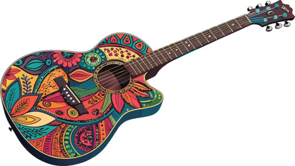 Vibrant acoustic guitar adorned with colorful bohemian floral patterns, perfect for music lovers and creative projects.