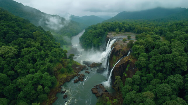 ultra-realistic aerial view of the Athirappilly Waterfalls, a breathtaking natural wonder located in Kerala, India. erving as inspiration for landscape photography or painting.