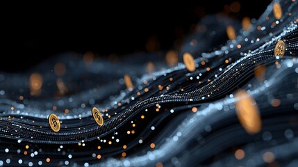 A vibrant digital landscape showcasing flowing cryptocurrency icons amid glowing luminous dots and waves of light.