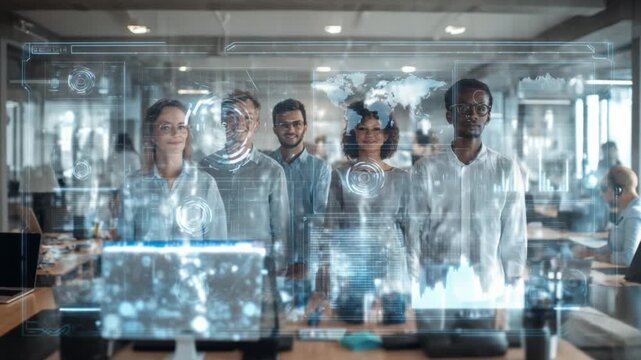 Virtual Visionaries: A dynamic group of individuals stands united, illuminated by the ethereal glow of augmented reality, poised at the forefront of digital innovation. 