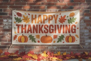 Lettering "HAPPY THANKSGIVING" on a banner attached to rustic brick wall. Festive poater or banner with fall and autumn symbols, maple leaves on the floor. Seasonal colors