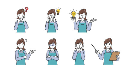 Illustrations of a woman in an apron expressing various emotions and actions with thought bubbles and pointing gestures demonstrating problem solving and communication