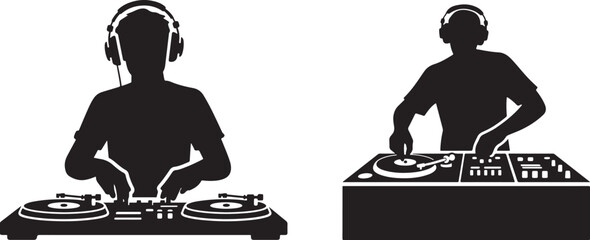 Silhouette of a dj with headphones playing music on turntables and vinyl records