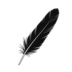 Obraz premium A single black feather, depicted as a quill, is isolated on a white background, evoking themes of writing and history