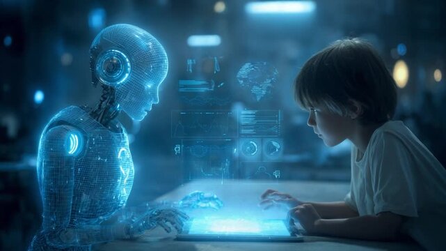 Digital Partnership: A child and an artificial intelligence entity, depicted as a glowing robotic form, interact over a digital interface.