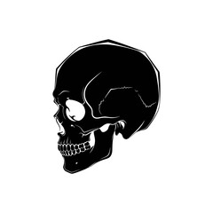 A black illustration of a human skull in profile, isolated on a white background