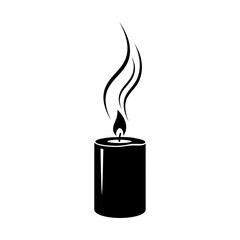 A black silhouette of a burning candle with a flickering flame, isolated on a white background
