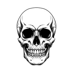 A detailed black and white illustration of a human skull with a menacing expression
