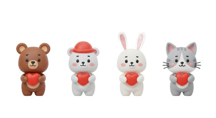 Obraz premium Four adorable cartoon animal figurines holding red heart shapes, arranged in a row.