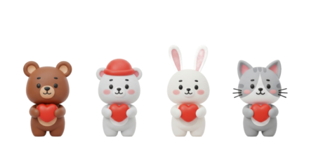 Four adorable cartoon animal figurines holding red heart shapes, arranged in a row.