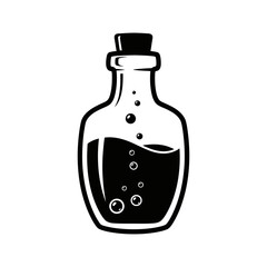 A glass bottle filled with a dark liquid and bubbles, sealed with a cork, isolated on a white background