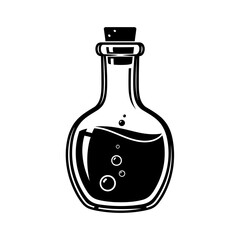 A glass bottle filled with a dark liquid and bubbles, sealed with a cork, isolated on a white background