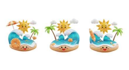 Three cheerful cartoon beach scenes featuring waves, sun, palm trees, and sand, with happy faces.