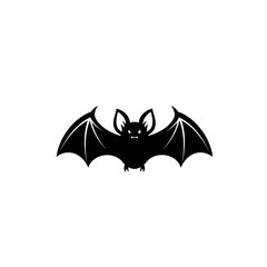A black bat with outstretched wings is silhouetted against a white background