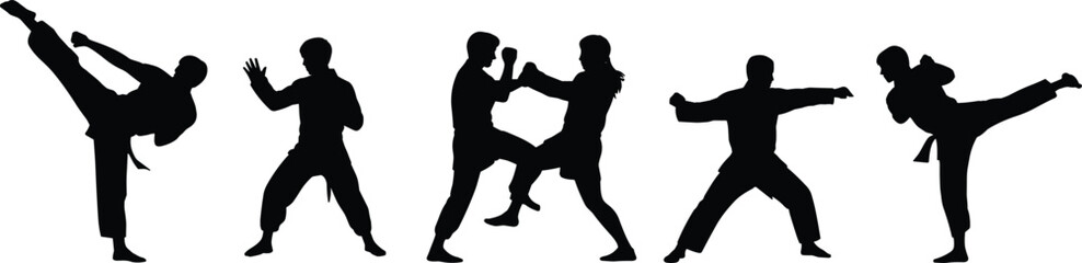 Karate martial arts silhouettes, people practicing karate moves, fighting stance, self-defense training, martial arts combat, kicking, punching, karate practice, discipline, strength, flexibility