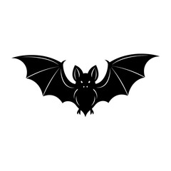 A black bat with outstretched wings is silhouetted against a white background