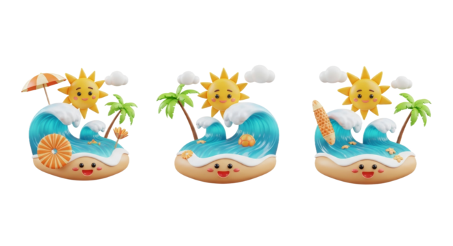 Three cheerful cartoon beach scenes featuring waves, sun, palm trees, and sand, with happy faces.