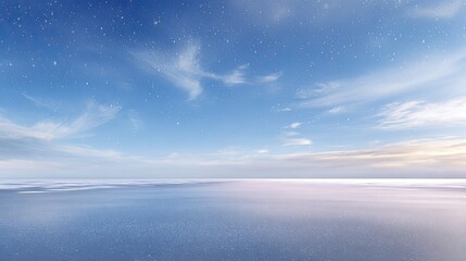 Fototapeta premium Serene Blue Sky Over Calm Ocean at Dusk with Gentle Cloud Formation and Sparkling Water Reflections