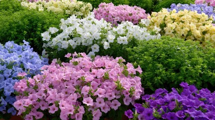Vibrant Display of Colorful Petunias in Bloom with Green Foliage