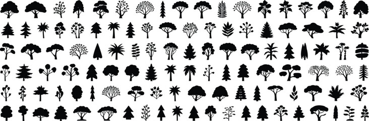 Obraz premium Silhouette tree vector bundle, forest icons collection, black tree shapes, nature element set, park landscape illustration, plant graphic design