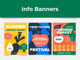 Bright farmers market poster templates that invite visitors to a summer harvest festival featuring farm-fresh treats, lectures, and live music.