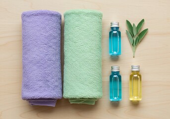 Spa day concept: pastel towels, small bottles of soothing liquids, and a touch of greenery on wood.

