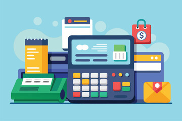 Electronic payment system in action with card processing and check sales displayed on a simplified graphic design