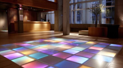 Fototapeta premium Modern Lobby Interior with Colorful Illuminated Floor Panels and Contemporary Design Elements at Night