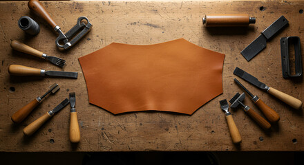 Leatherworking tools and tanned hide on a workbench