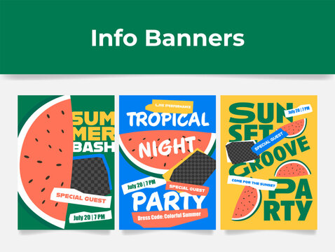 Poster templates for a vibrant tropical night party featuring live performances, delicious treats and a colorful summer atmosphere