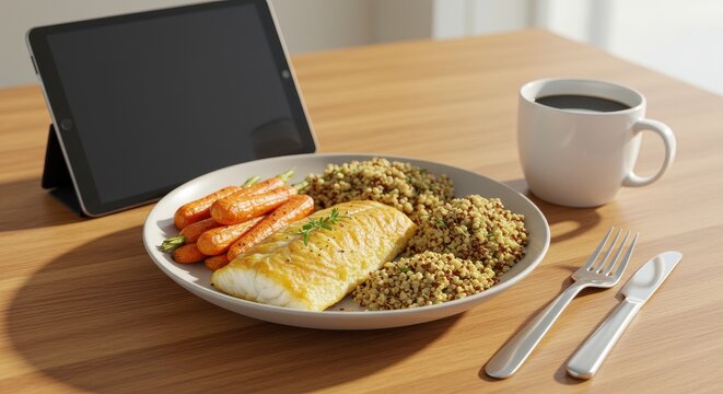 Healthy meal with grilled fish, seasoned carrots, and quinoa served on a wooden table with tablet and coffee cup - Powered by Adobe