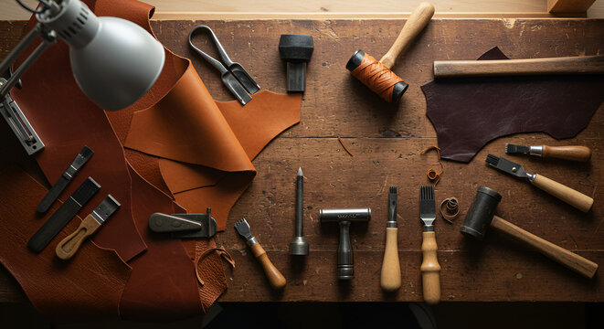Leatherworking tools and materials on a workbench