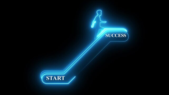 Neon Man Animation Climbing Ladder. Stairway to Success Concept with Glowing Steps from Start to Finish, Symbolizing Growth, Motivation, Career Path, Achievement, and Goal Progress in Futuristic Style