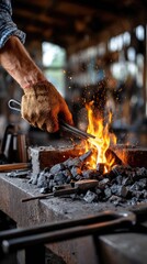 Fototapeta premium A blacksmith heating a piece of metal in a roaring forge until it glows red-hot