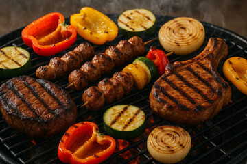 Grilling: A mouthwatering display of grilled vegetables and meat, perfectly seared, showcasing the art of outdoor cooking.