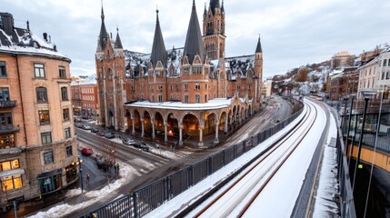 Obraz premium Scenic view of a historic building with snowy train tracks nearby