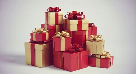 Obraz premium A pile of beautifully wrapped gift boxes with red and gold ribbons