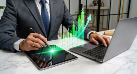 Business growth and financial success Background, rising graph and futuristic analytics. Businessman using digital pen and tablet for data-driven strategy, smart investment, and performance planning.