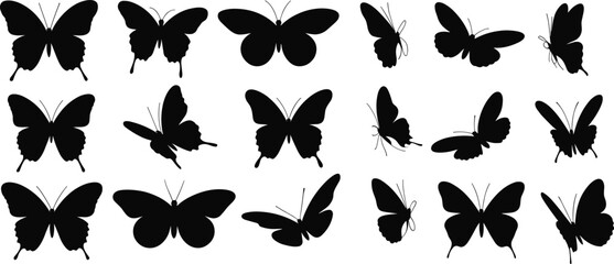 Butterfly silhouette set, black vector insects, flying butterflies clipart, nature design elements, artistic wing shapes for creative graphic use