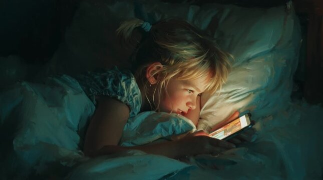 Focused child staring at smartphone screen, unprotected child online concept, girl scrolling social media texing on smartphone in bed in bedroom at night, technology , internet , communication