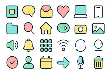 Minimal Pastel Icon pack for UI-UX design, mobile and web apps, Multimedia Outline Icons, User interface icons set