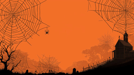 Real creepy spider webs silhouette isolated on dark orange banner panorama - Halloween background template