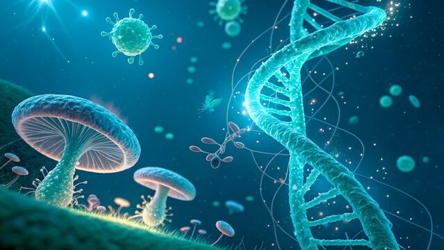 Colorful microscopic view of DNA structure and microbial life in a vibrant environment