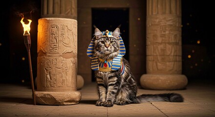 Cat dressed as Pharaoh in ancient Egyptian setting with torch  